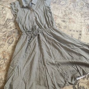 BCBGeneration Black and White Striped Midi Shirt Dress with Drawstring Waist